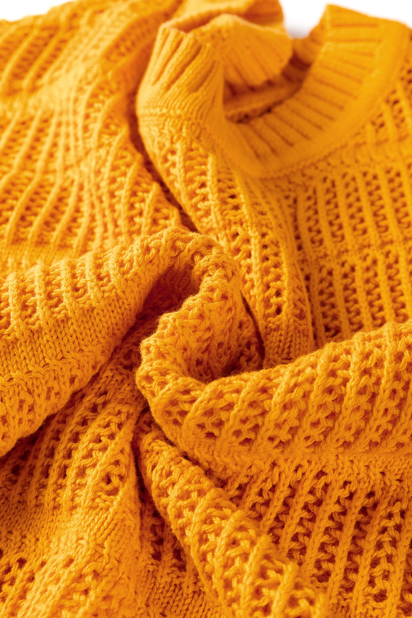 Mustard Hollow out Openwork Knit 3/4 Sleeve Sweater