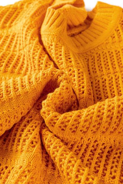 Mustard Hollow out Openwork Knit 3/4 Sleeve Sweater