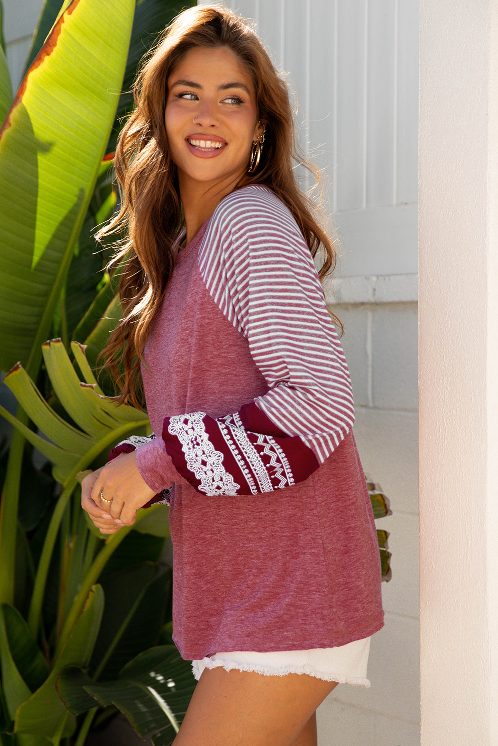 Mineral Red Contrast Print Striped Raglan Long Sleeve Loose Top
