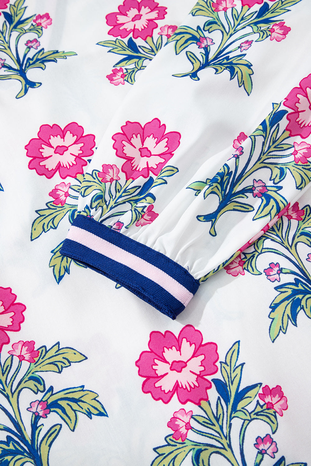 White Floral Print Striped V Neck Blouse