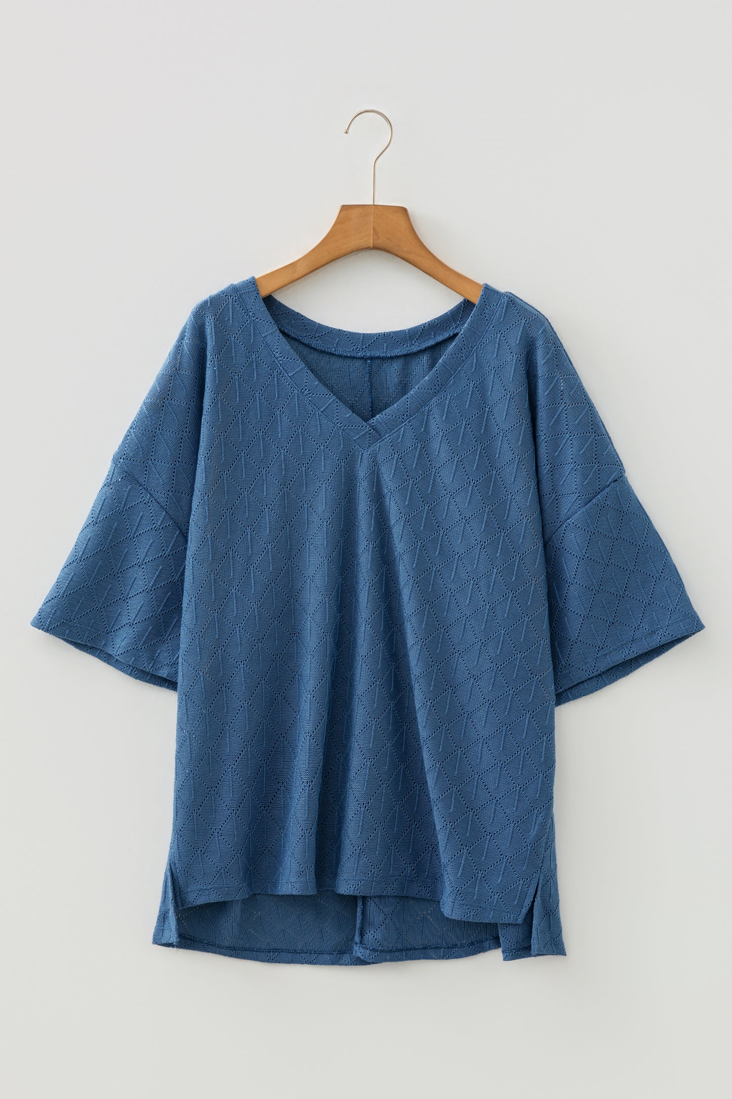 Sky Blue Pointelle Rhombus Knit Plus Size V Neck Loose Top