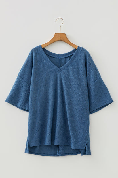 Sky Blue Pointelle Rhombus Knit Plus Size V Neck Loose Top