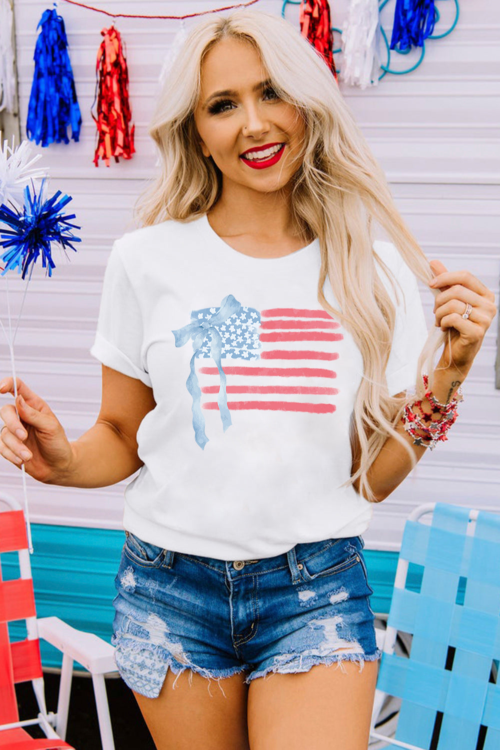 White American Flag Bow Knot Print Crew Neck T Shirt