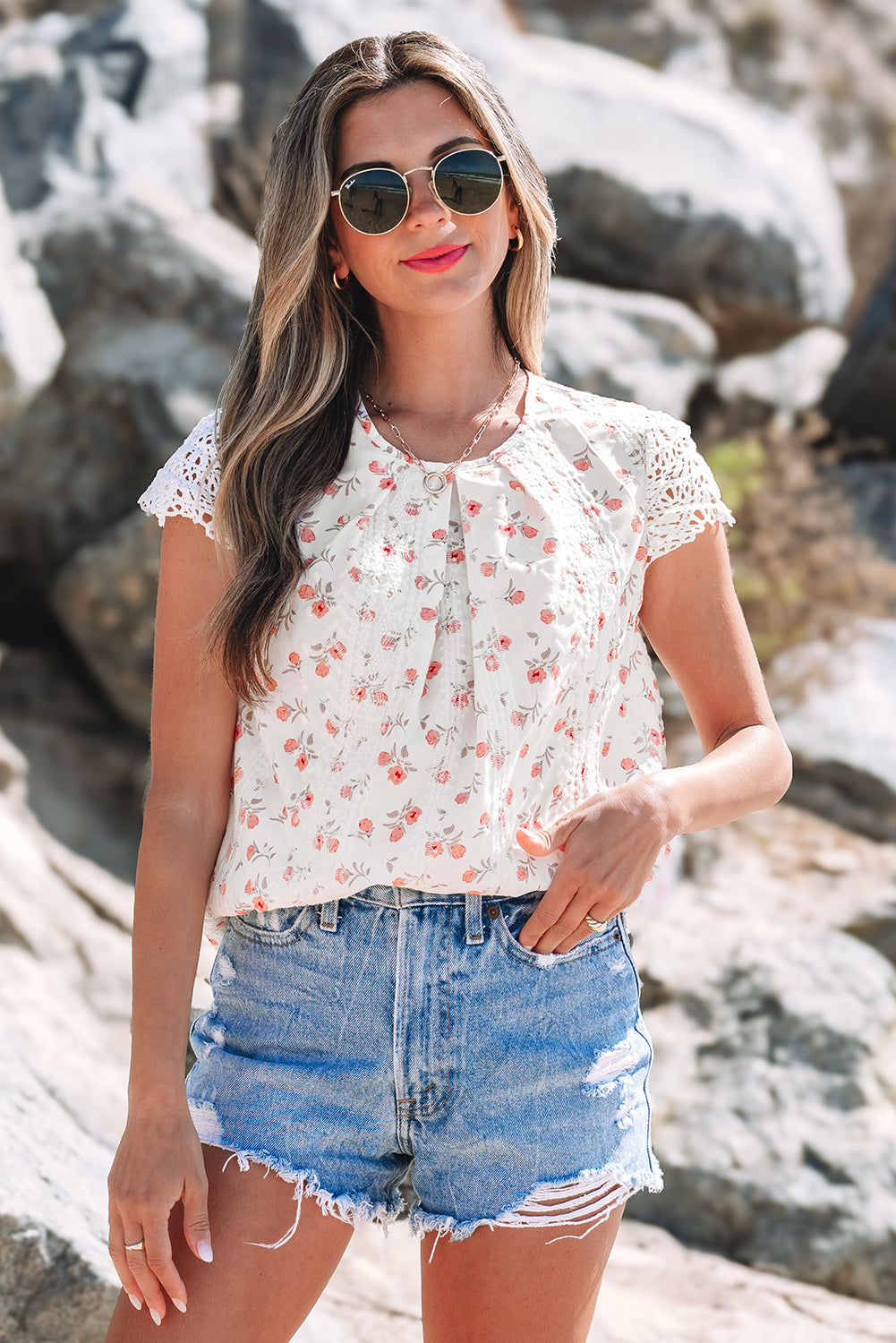 Pink Floral Print Embroidery Detail Crochet Cap Sleeve Blouse