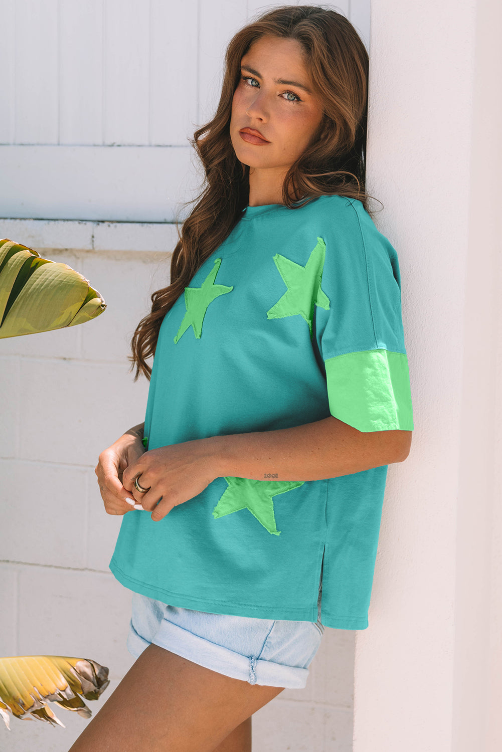 Aruba Blue Frayed Denim Star Patched Oversize T Shirt