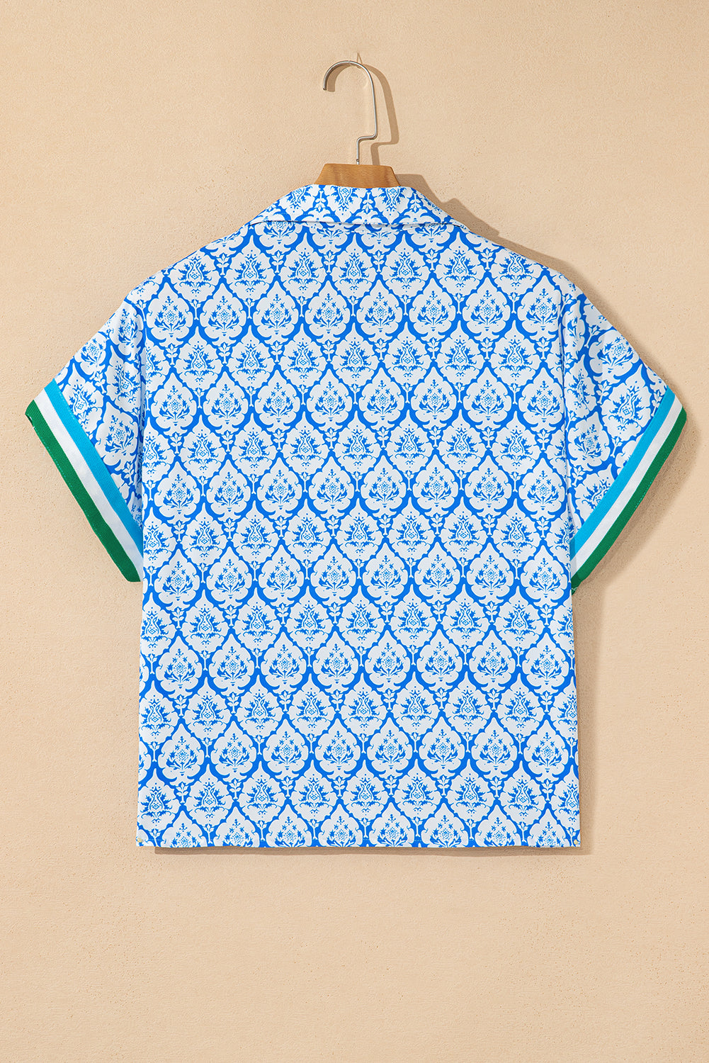 Sky Blue Western Print Zipped Collar Short Sleeve Summer Blouse Top