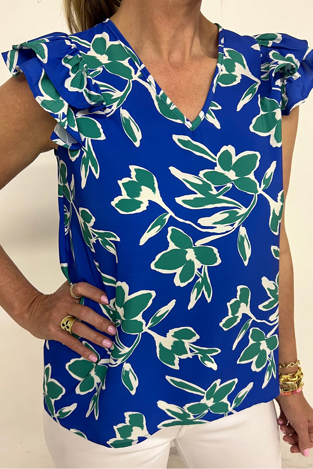Blue V Neck Floral Print Double Ruffled Short Sleeve Blouse