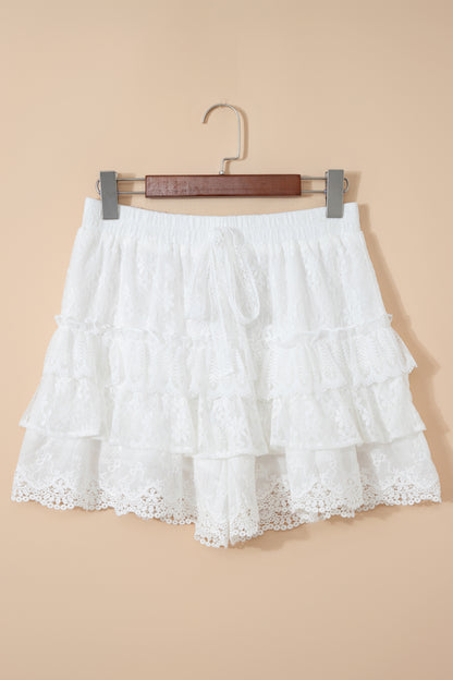 White Lace Ruffle Tiered Drawstring Elastic Waist Sweet Shorts