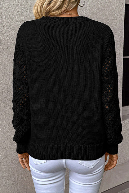 Jet Stream Solid V Neck Pointelle Knit Sleeve Patchwork Sweater