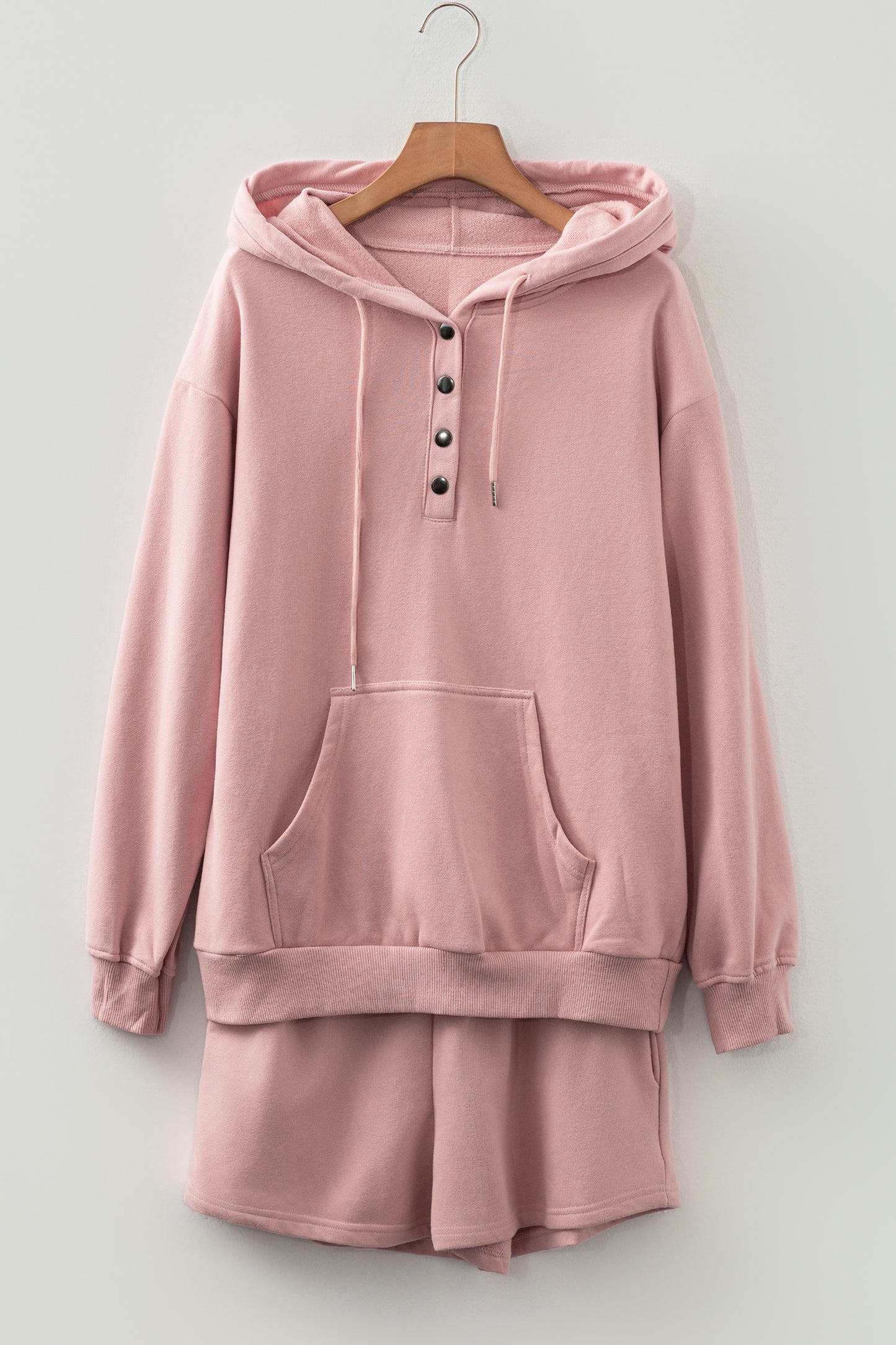 Valerian Button Drawstring Hooded Pullover and Casual Short Set