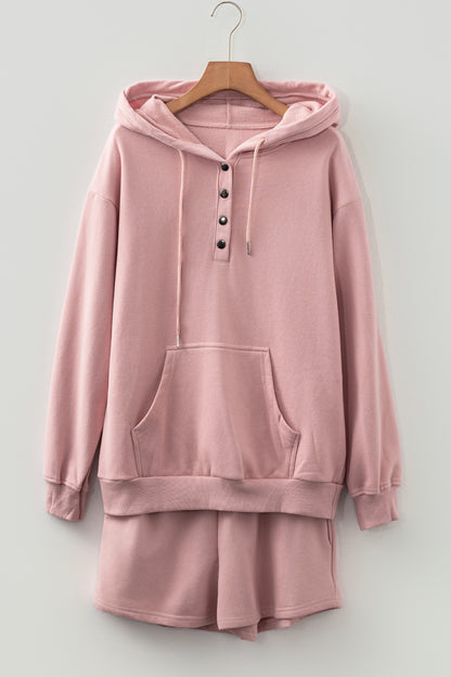 Valerian Button Drawstring Hooded Pullover and Casual Short Set