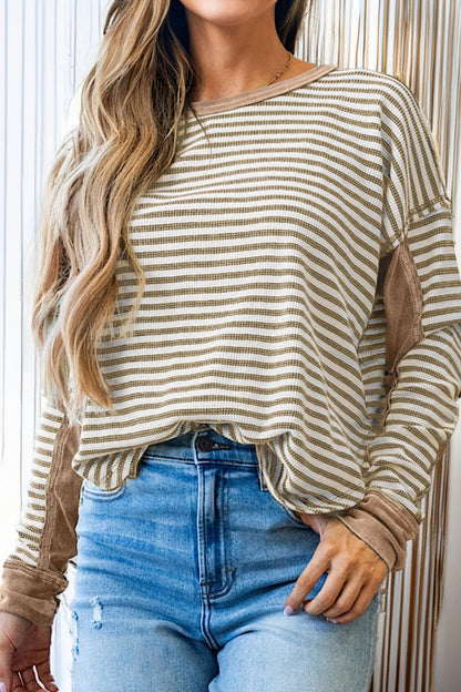 Black Stripe Thermal Knit Drop Shoulder Casual Top