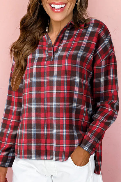 White Plaid Print Collared V Neck Loose Blouse with Side Slits