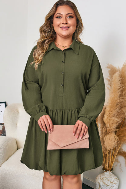 Four Leaf Clover Plus Size Collar Half Button Long Sleeve Ruffle Hem Mini Dress