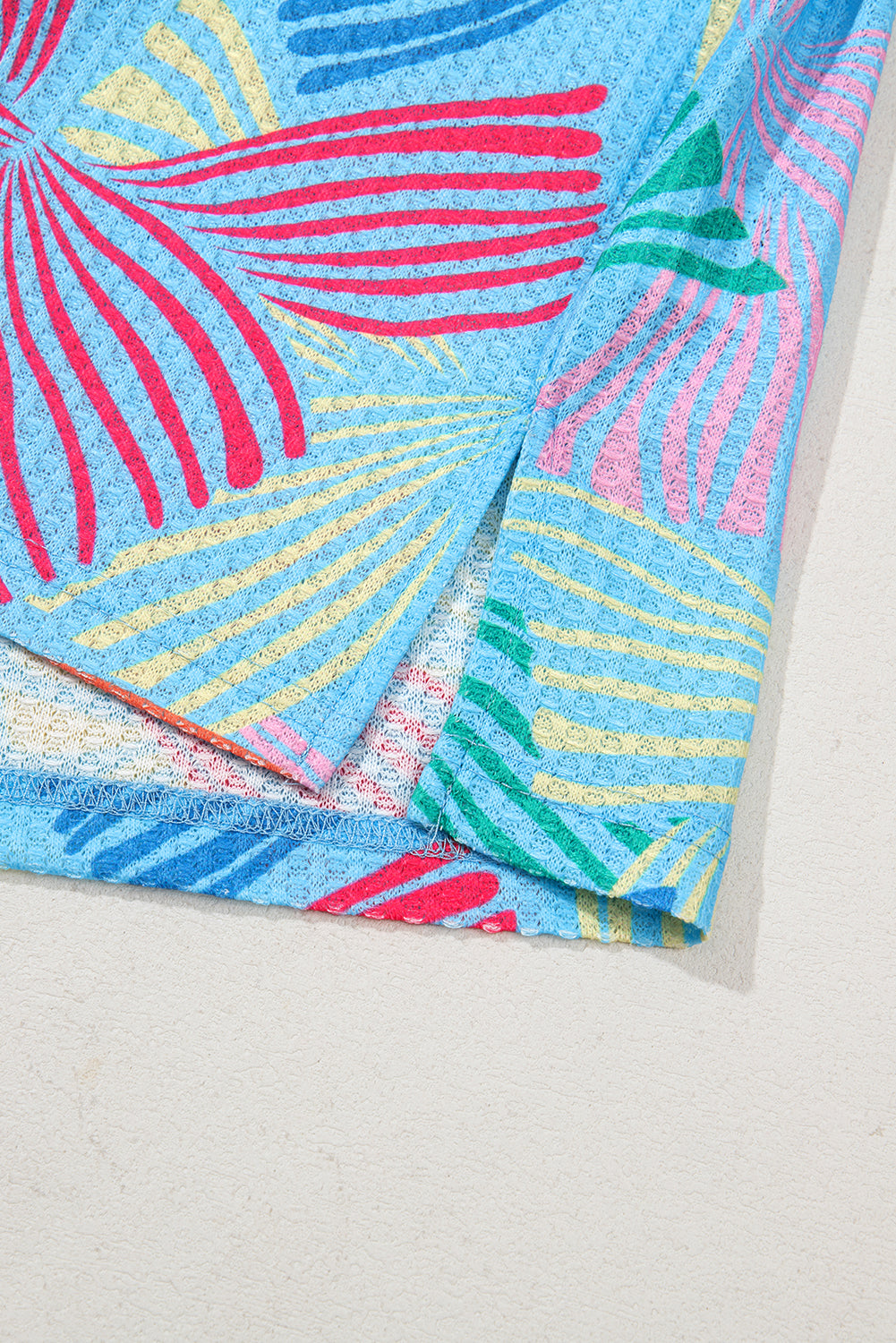 Sky Blue Bowknot Printed Waffle Crewneck Loose Short Sleeve Top