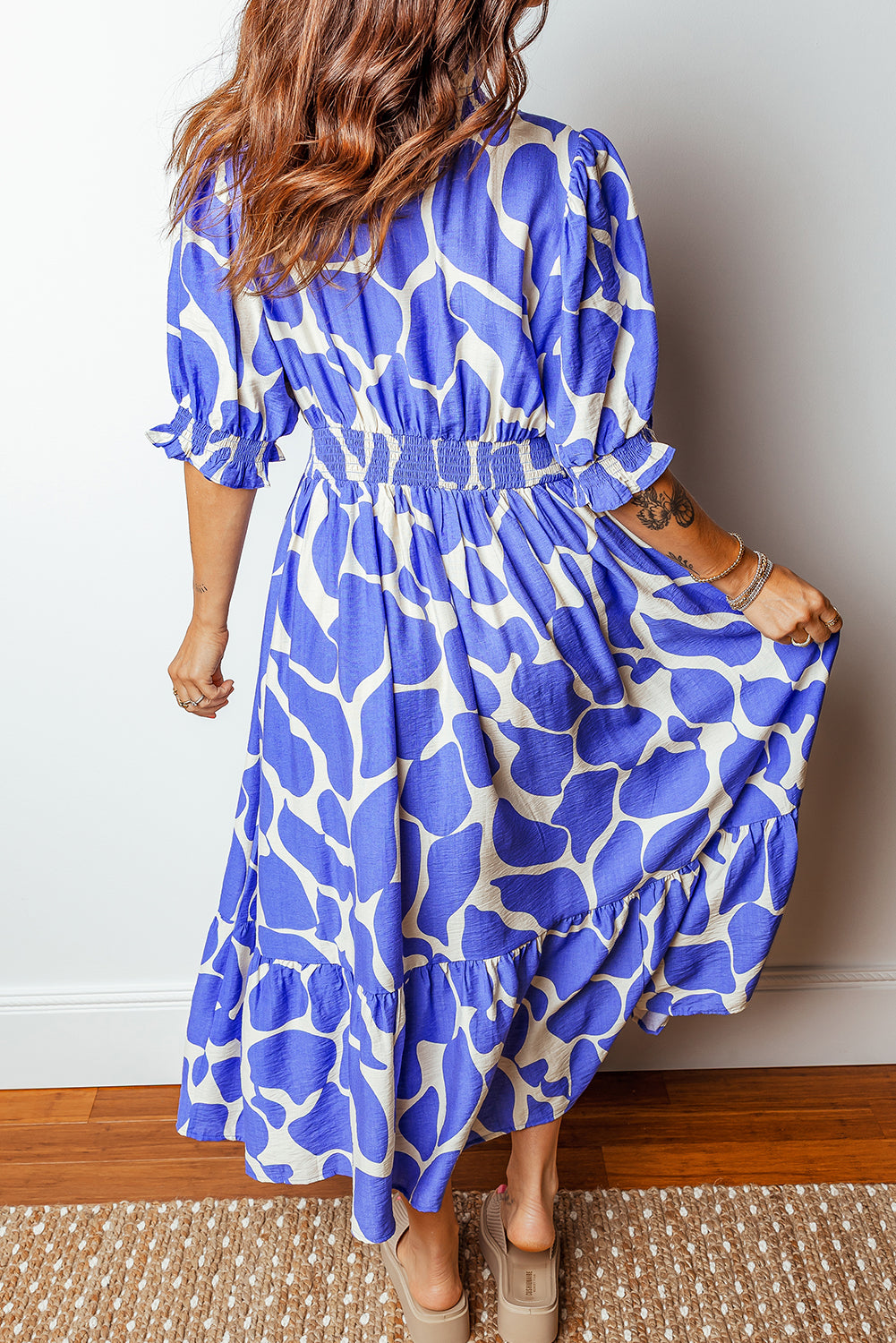 Sky Blue Abstract Print Smocked Waist Puff Half Sleeve Maxi Dress