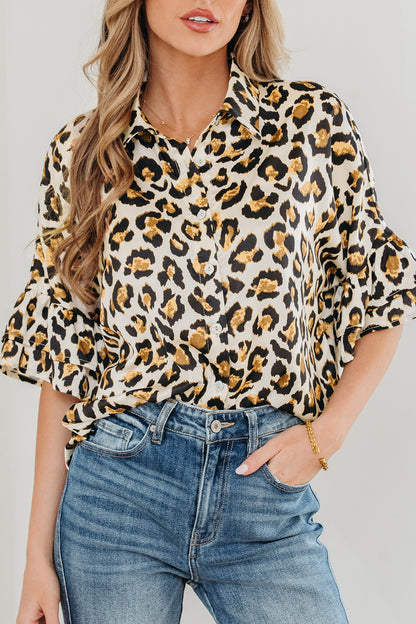 Khaki Leopard Print Ruffle Trim 3/4 Sleeve Loose Shirt