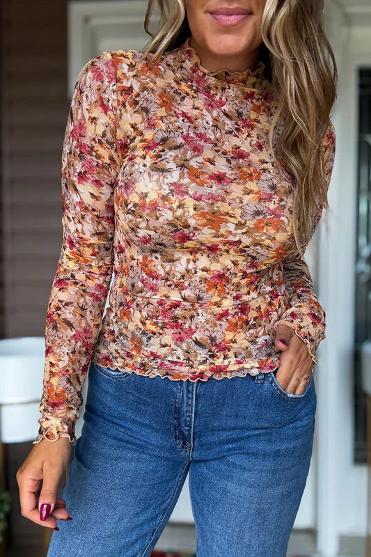 Red Lettuce Trim Floral Print Mesh Long Sleeve Top