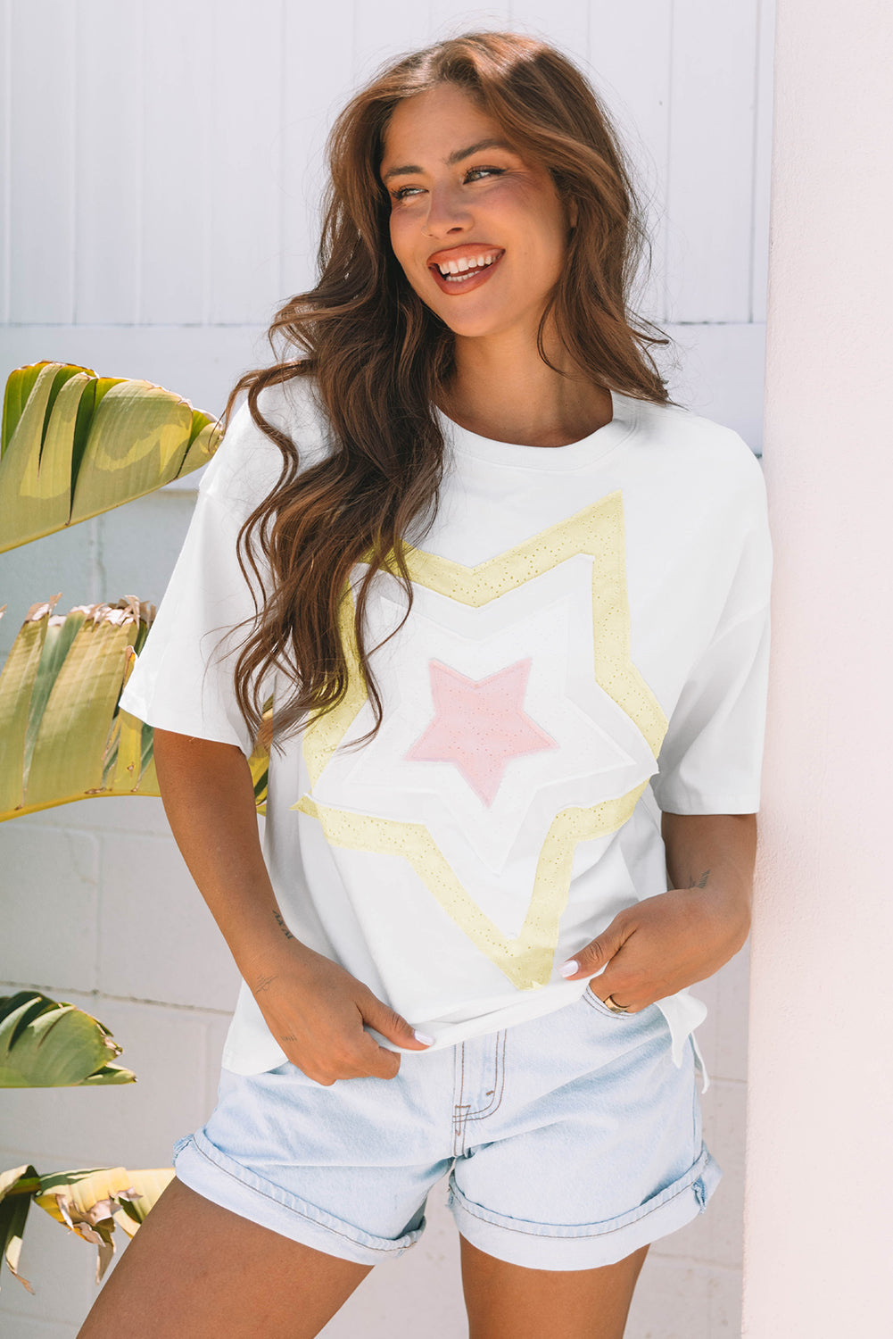 White Star Layered Patched Graphic Drop Shoulder Half Sleeve Loose Tee