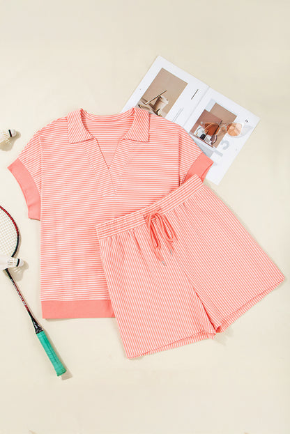 Orange Stripe Loose Polo T Shirt and Shorts Plus Size 2pcs Outfit