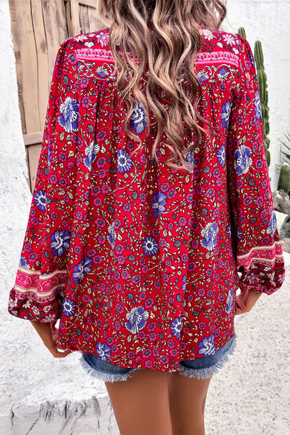 Blue Bohemian Floral Print Tassel Tie Front Long Sleeve Blouse