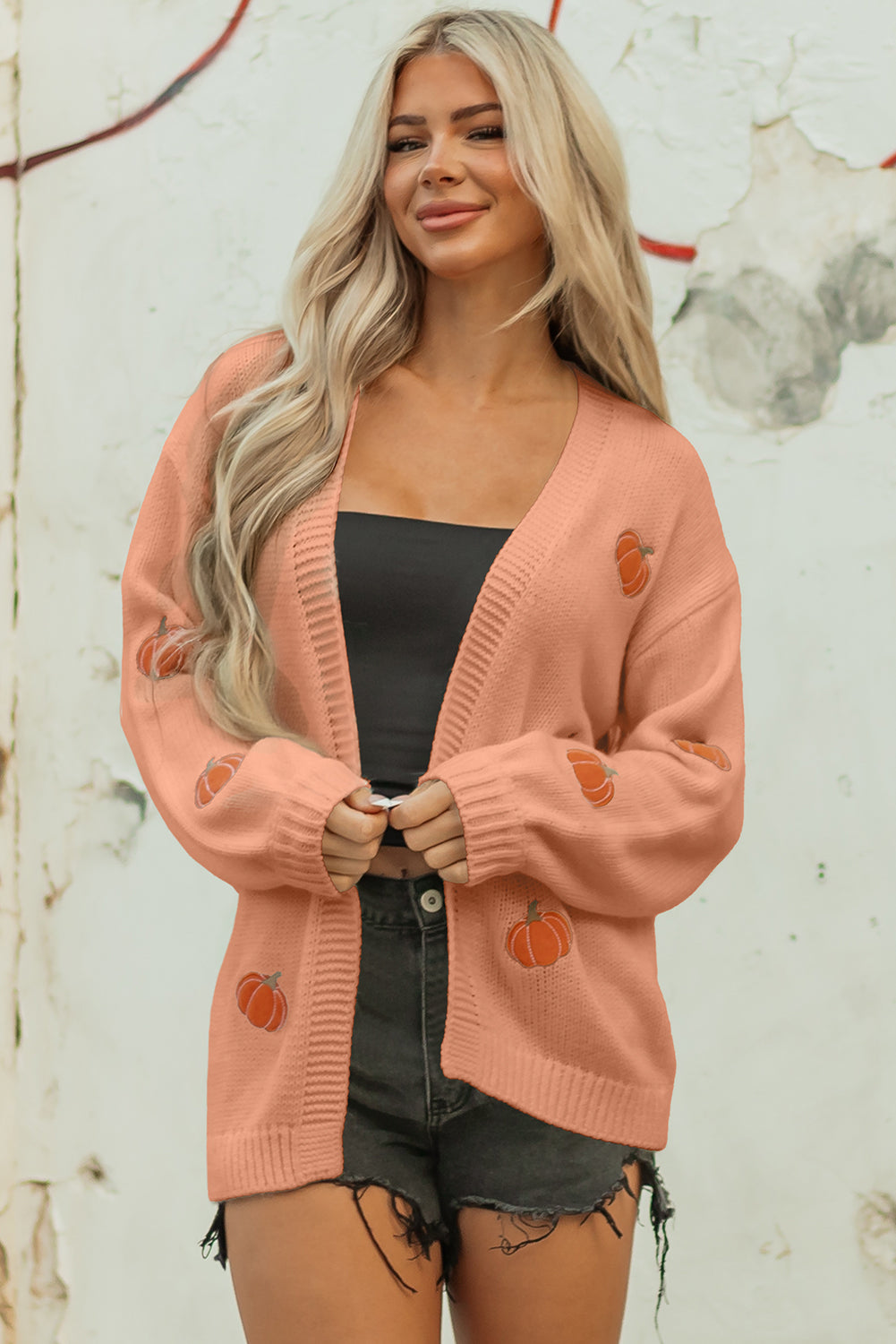 Straw Yellow Pumpkin Print Open Front Drop Shoulder Midi Cardigan