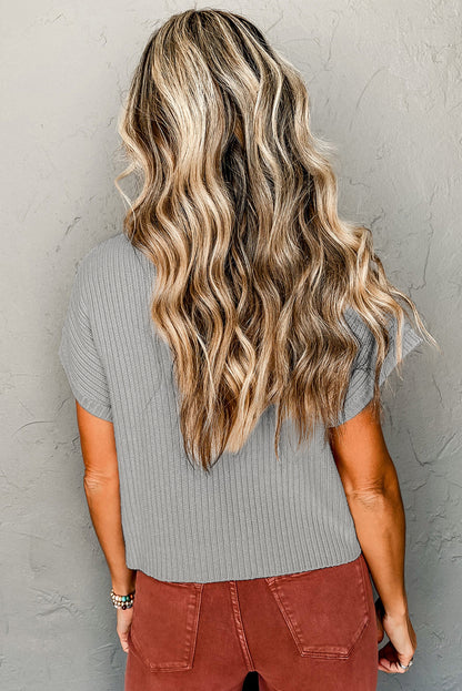 Dark Blue Patch Pocket Ribbed Knit Short Sleeve Sweater