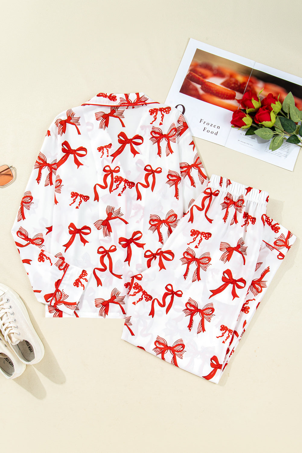 Red Christmas Bow Print Long 2pcs Pajama Set