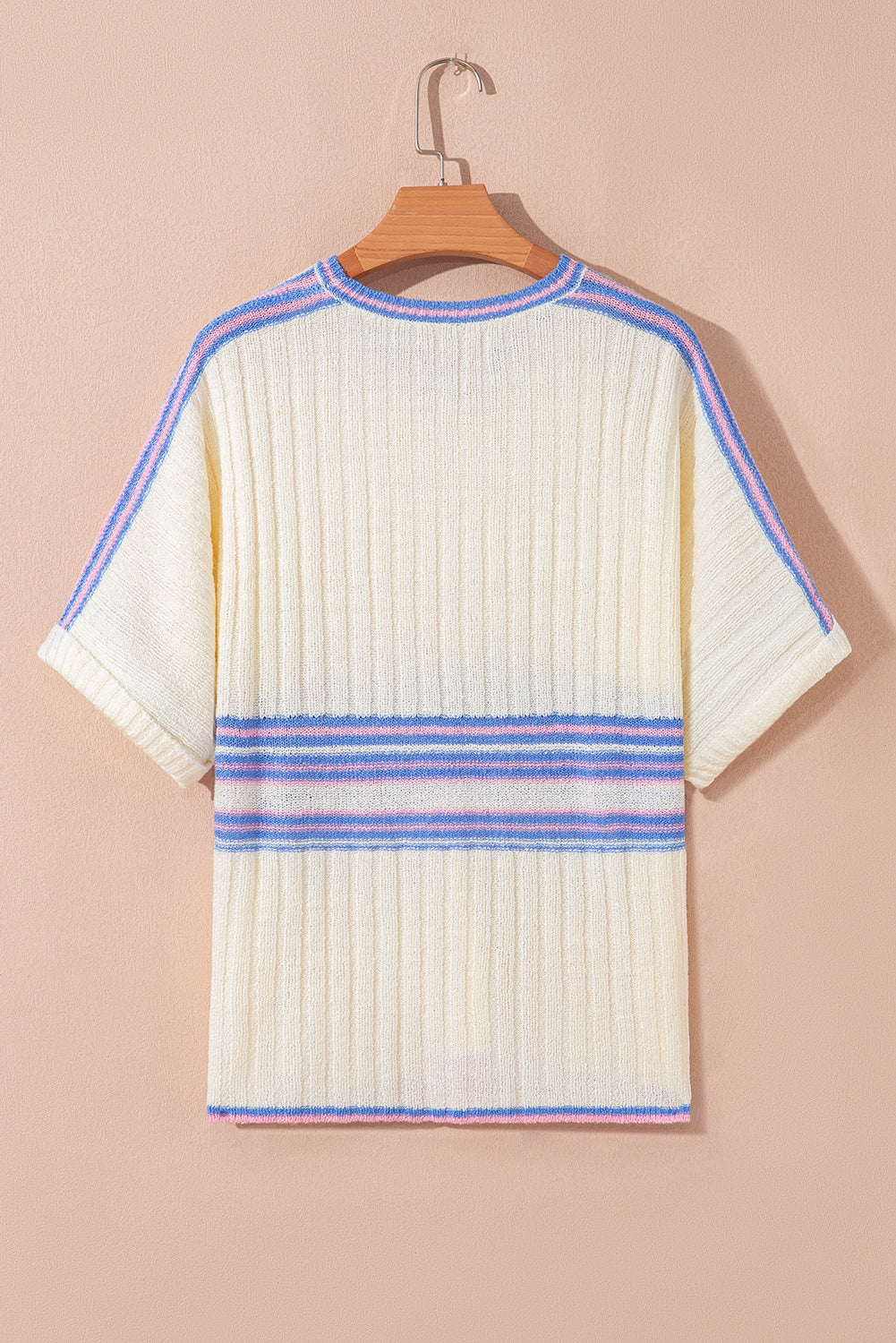 White Striped V Neck Dolman Sleeve Rib Knit Oversized Sweater with Slits