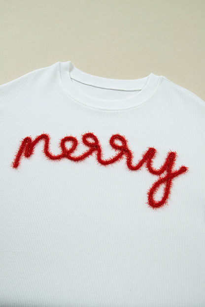 White Merry Tinsel Letter Embroidery Ribbed Drop Shoulder Sweatshirt