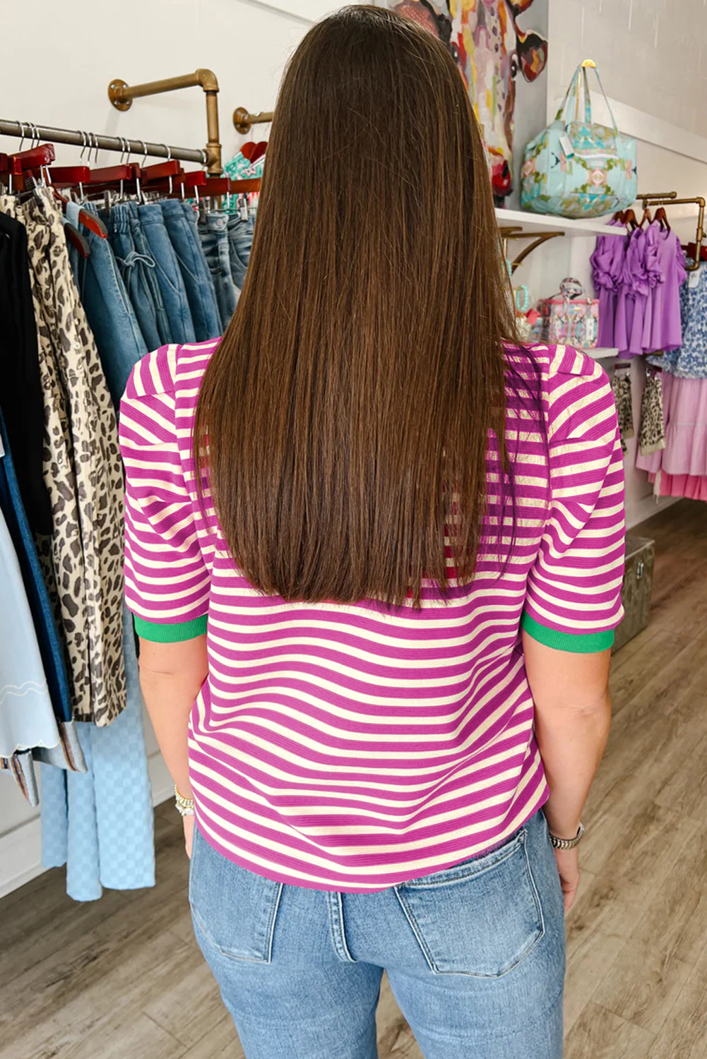 Rose Stripe Short Puff Sleeve Contrast Trim Round Neck Tee