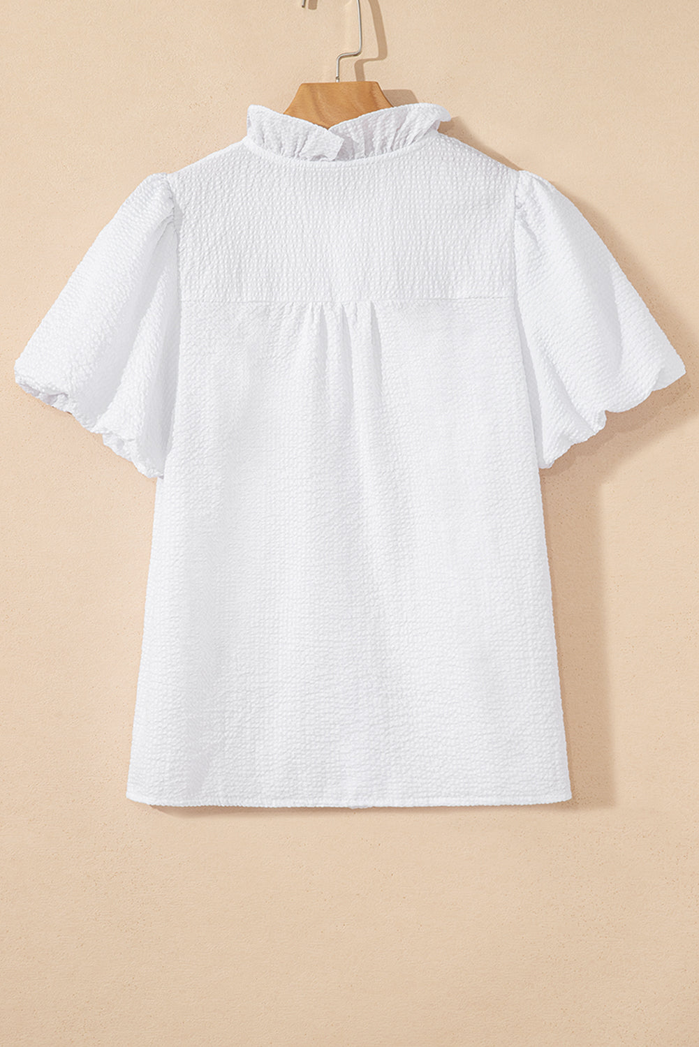 White Striped Ruffle Short Bubble Sleeve Shirt