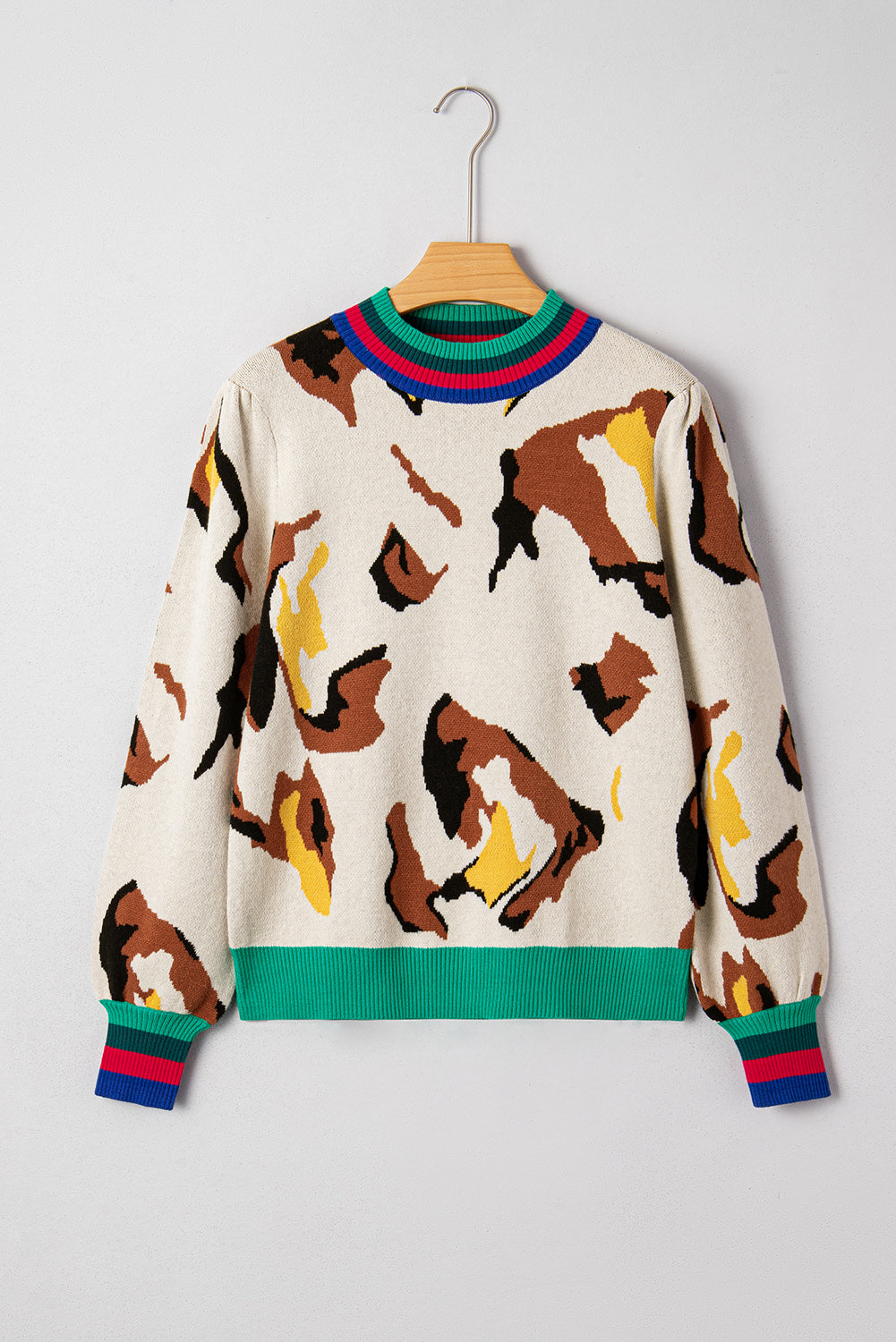 Apricot Contrast Ribbed Stripes Detail Animal Pattern Knit Sweater