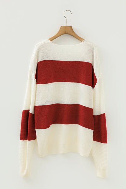 Red Stripe Loose Color Block Drop Shoulder Bubble Sleeve Sweater