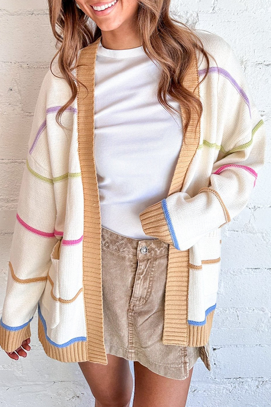 White Color Block Striped Open Front Cardigan With Pocket