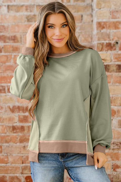 Light Pink Color Block Mix Texture Waffle Patchwork Oversize Sweatshirt