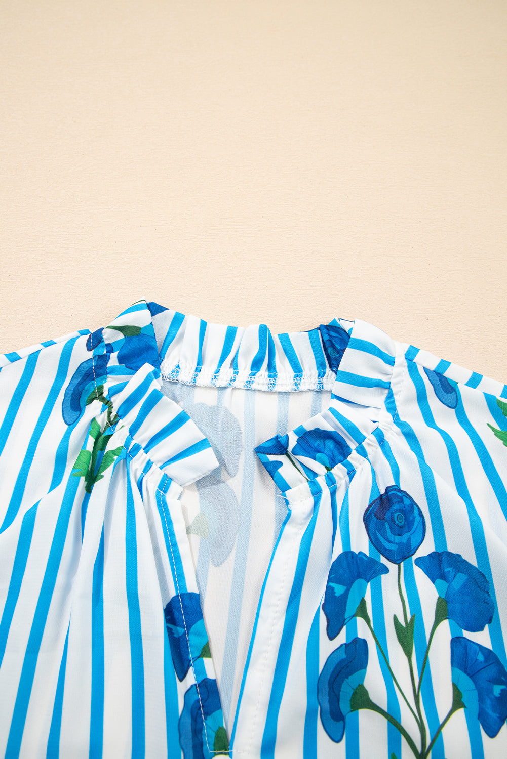 Sky Blue Stripe Floral Buttoned Frilly Notched Neck Puff Sleeve Summer Blouse