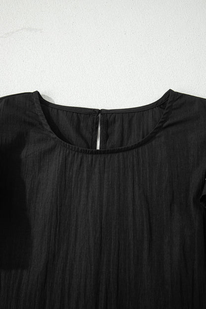 Black Contrast Trim Dual Ruffle Short Sleeve Textured Blouse