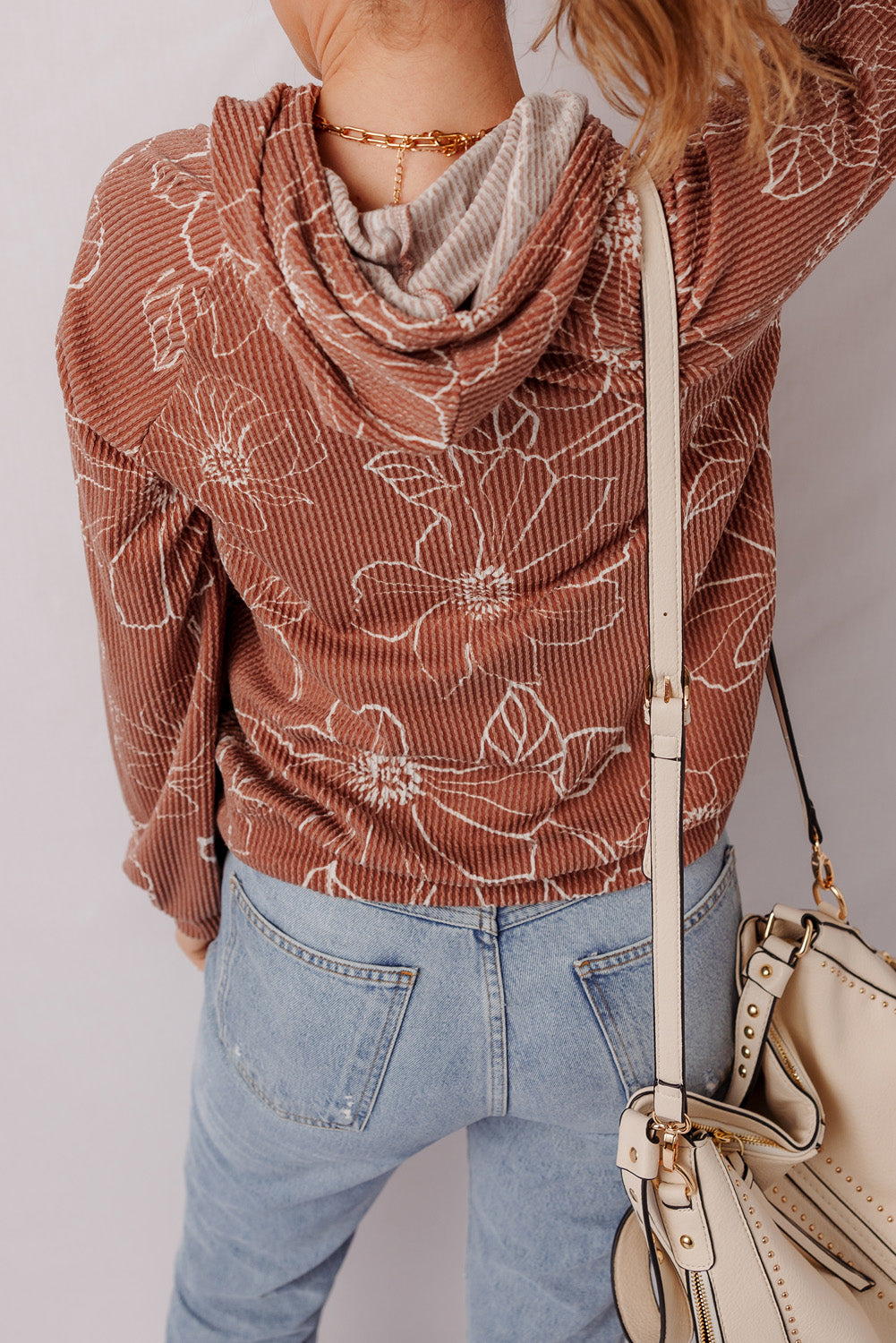 Brown Floral Twisted Rib Drawstring Kangaroo Pocket Hoodie