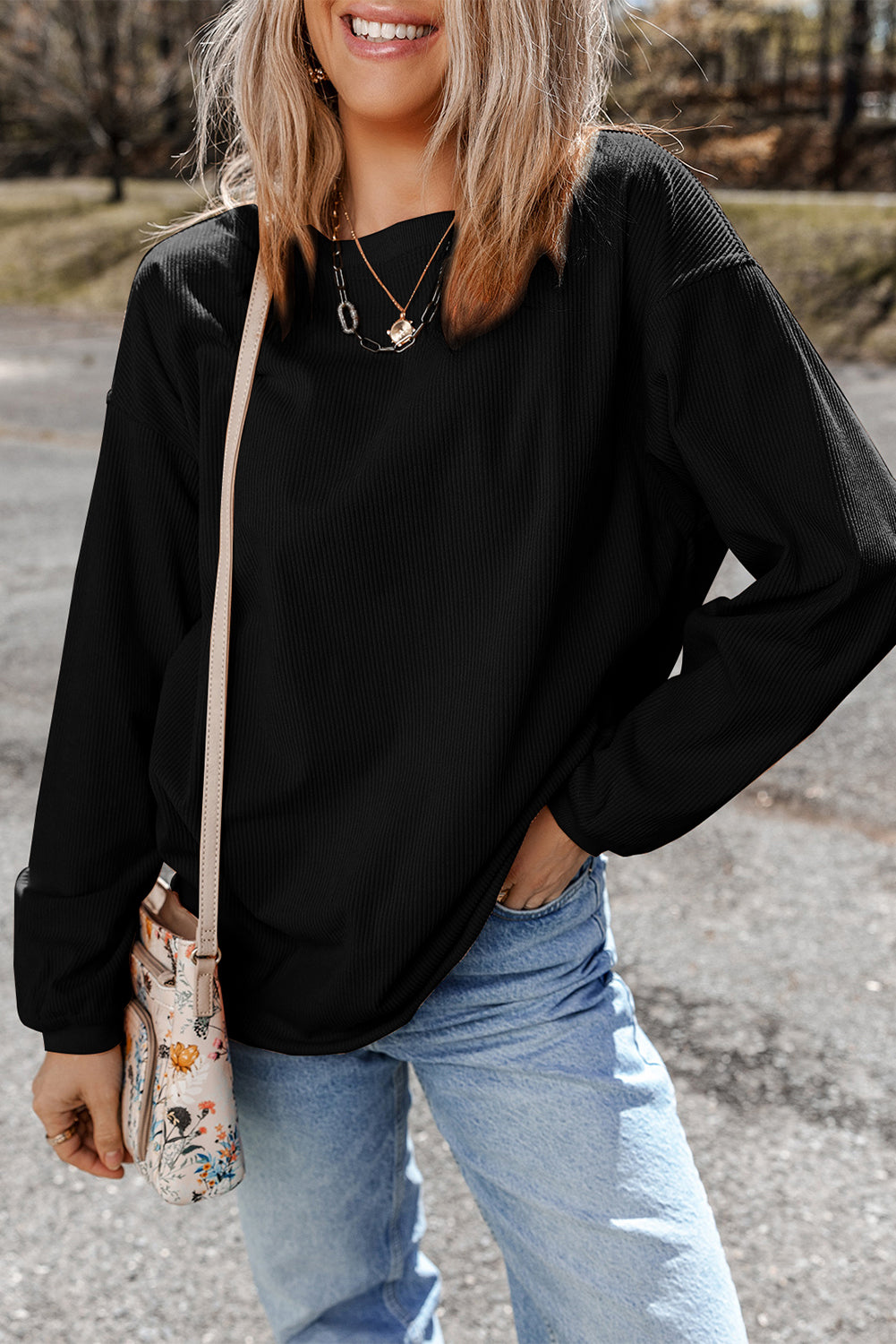 Black Ribbed Corduroy Oversized Sweatshirt
