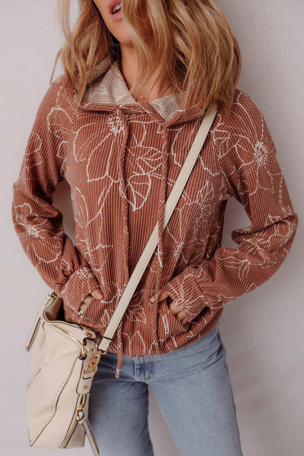 Brown Floral Twisted Rib Drawstring Kangaroo Pocket Hoodie