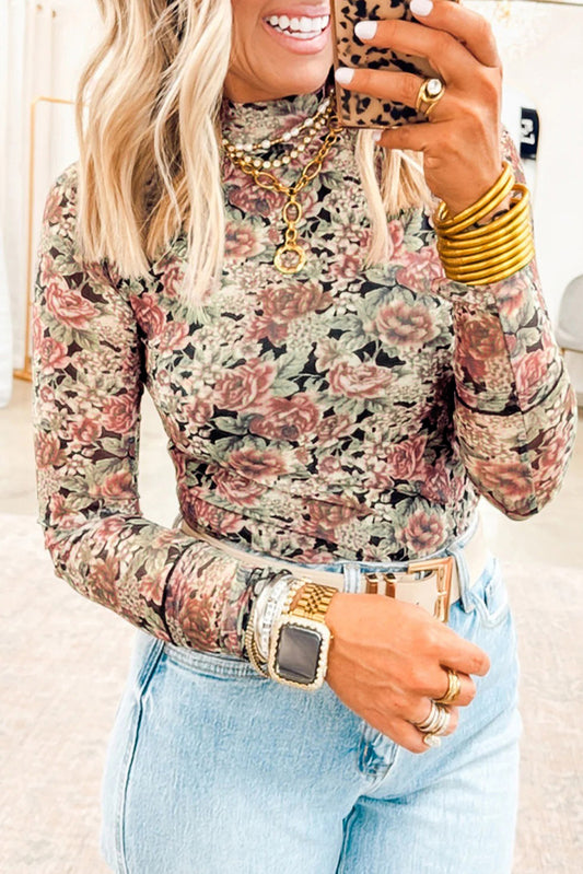 Black Retro Floral Print Mock Neck Mesh Long Sleeve Top