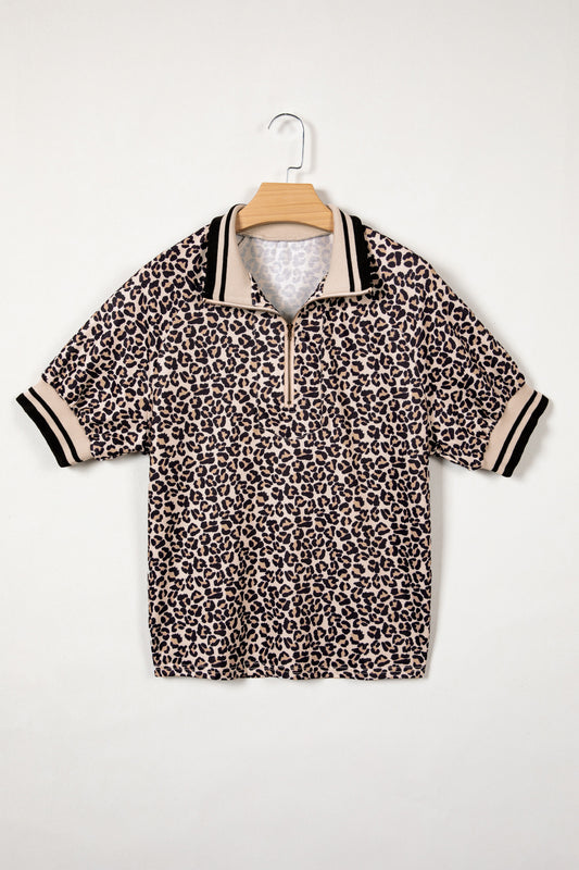 Brown Leopard Print Half Zip Striped Trim Patchwork Short Sleeve Top