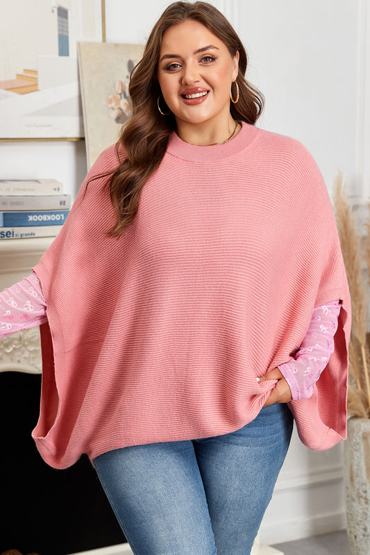 Light Pink Ribbed Knit Half Sleeve Plus Size Poncho Style Sweater