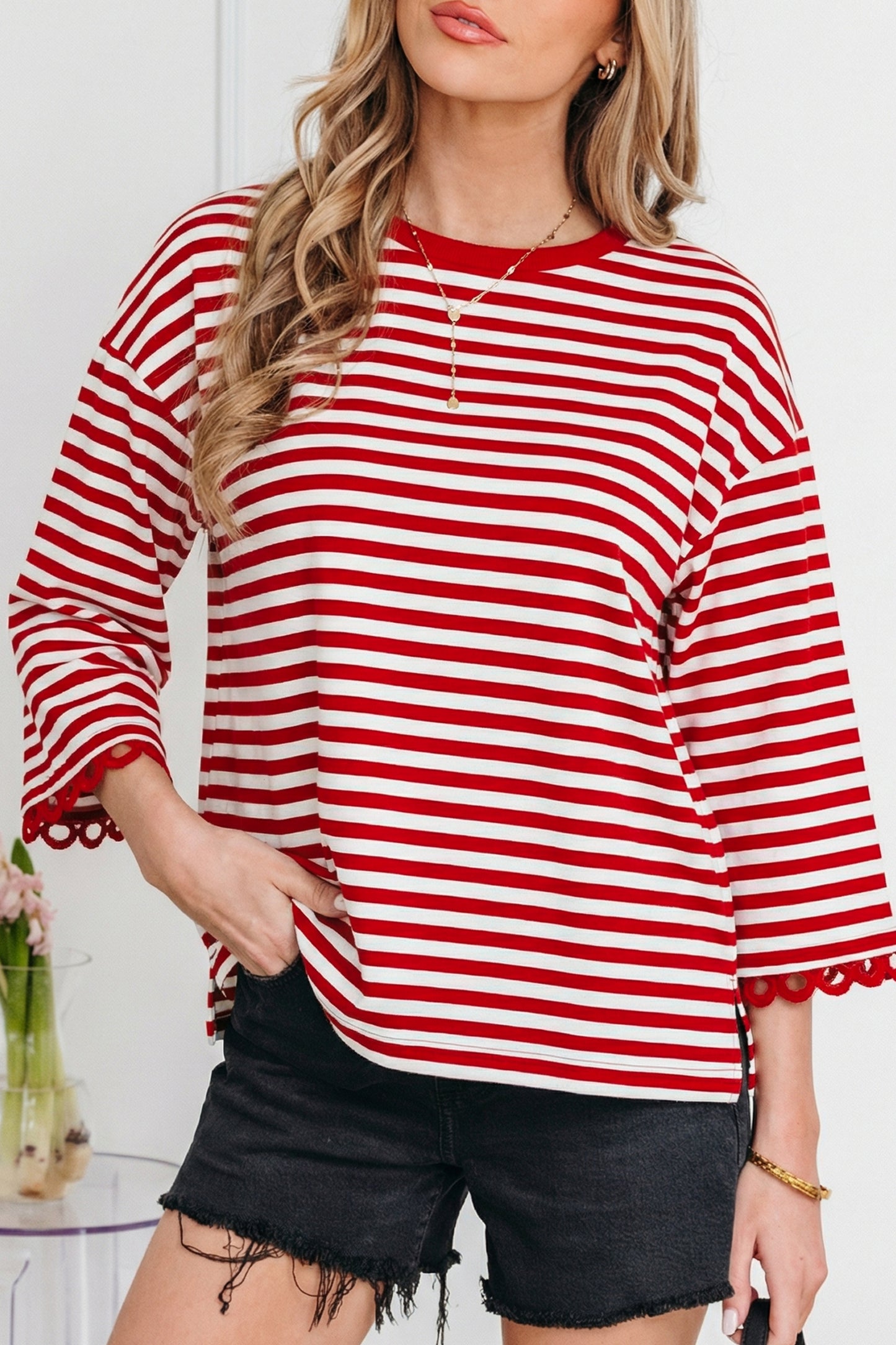 Black Striped Print Drop Shoulder Lace Trim Bracelet Sleeve Loose Top