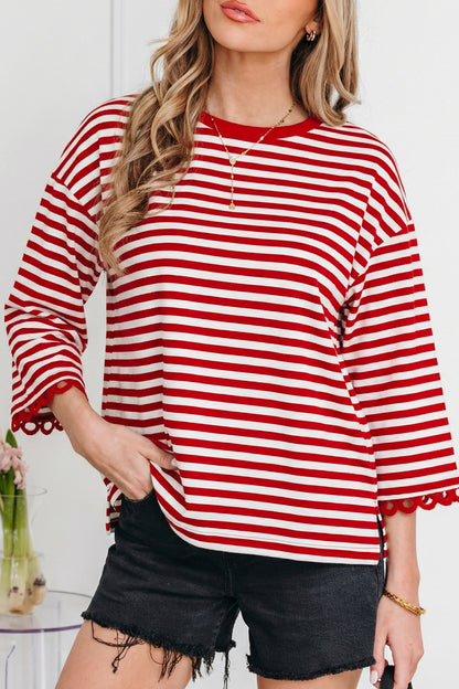 Black Striped Print Drop Shoulder Lace Trim Bracelet Sleeve Loose Top