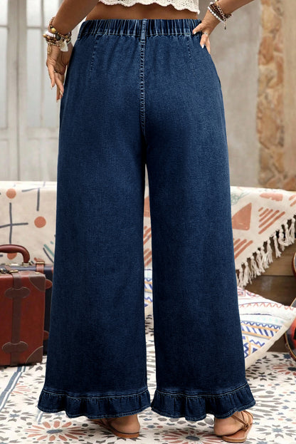 Sail Blue Plus Size Elastic Waist Ruffled Wide Leg Denim Pants