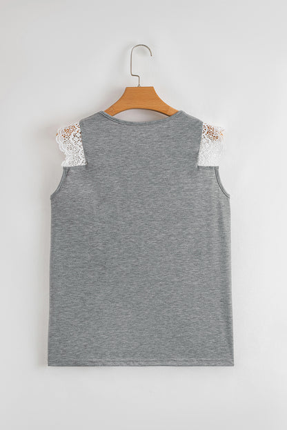 Gray Lace Patchwork Criss Cross V Neck Tank Top