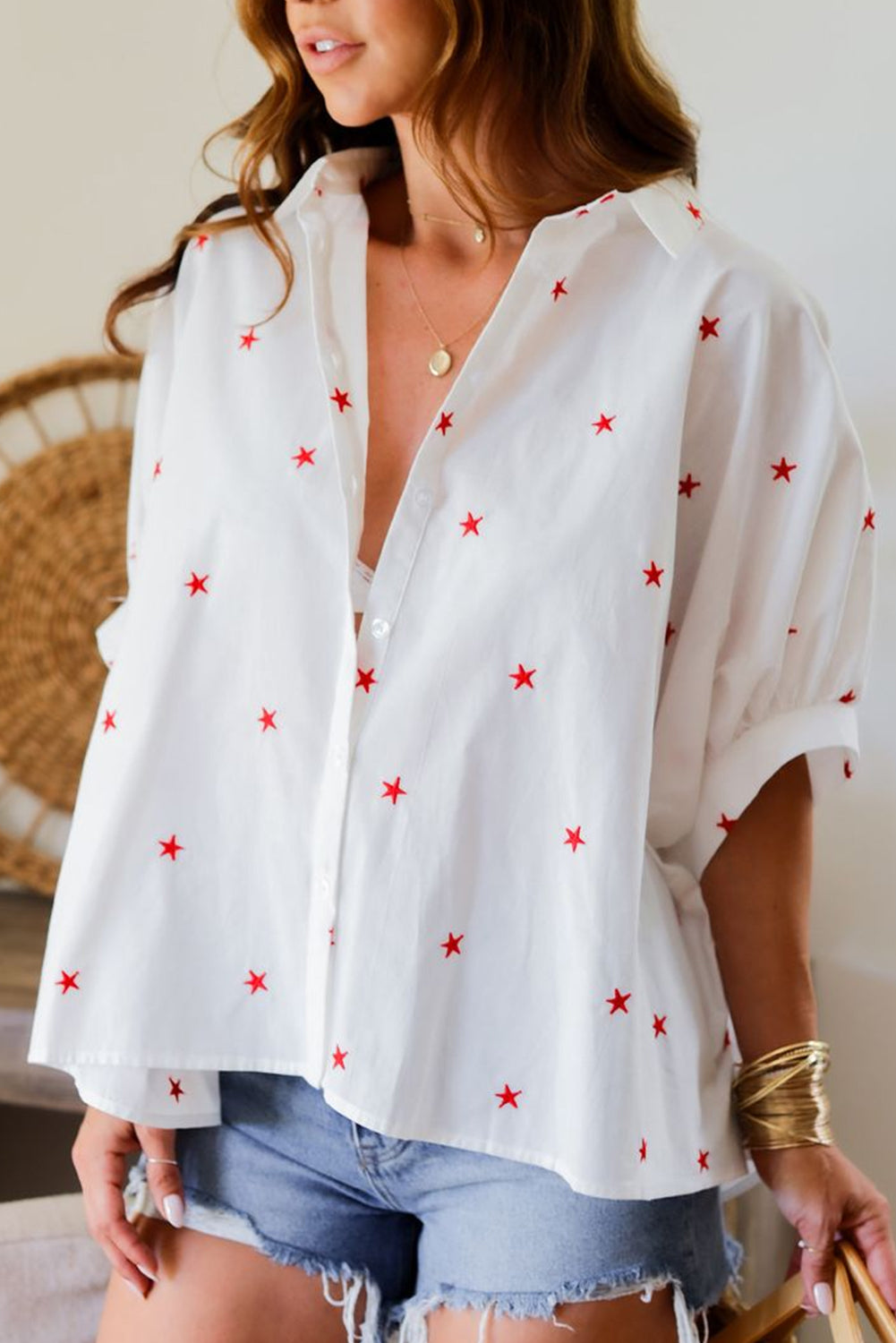 White Little Stars Printed Loose Half Sleeve Loose Shirt