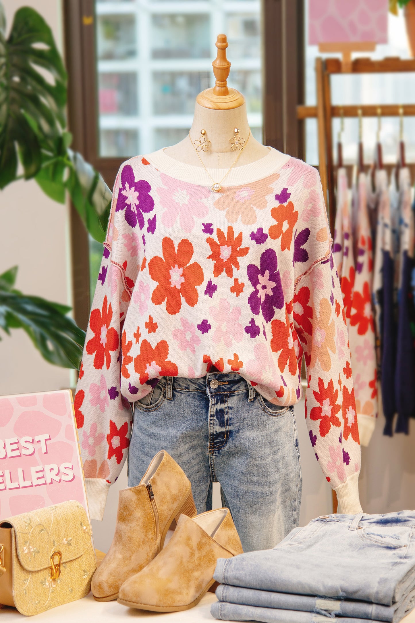 Khaki Fall Floral Pattern Drop Shoulder Sweater